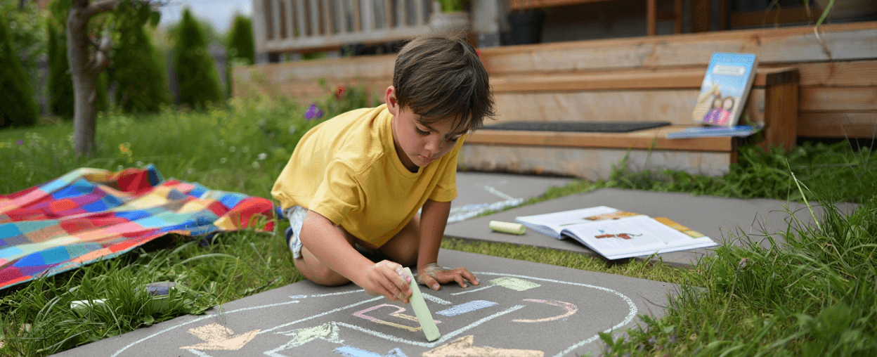 Child drawing colorful chalk art on a patio slab outdoors.