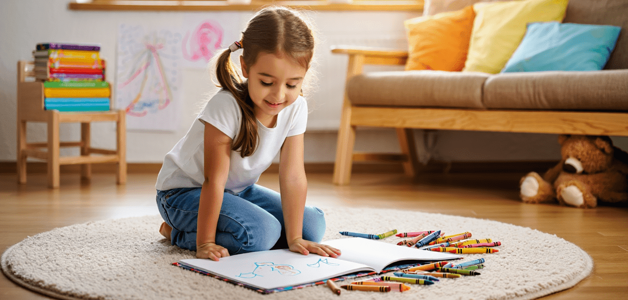 Child drawing on a rug with crayons and an open book.