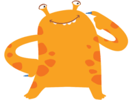 online elementary school, illustration of an orange creature with hands in a thinking pose
